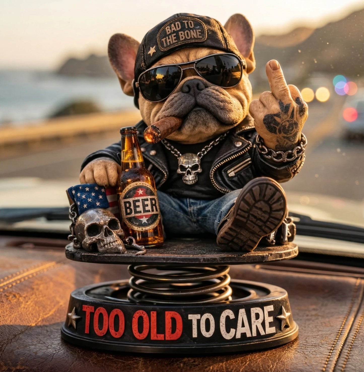 "Gammal och obekymrad" Hardcore Fransk Bulldogg Instrumentpanel Bobblehead 😎 - Rebellisk Fransk Bulldogg Bilprydnad