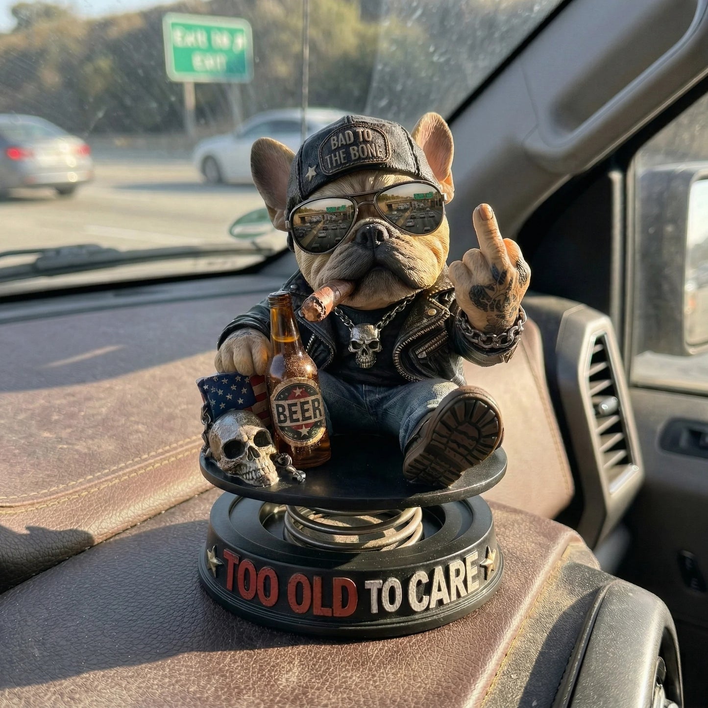 "Gammal och obekymrad" Hardcore Fransk Bulldogg Instrumentpanel Bobblehead 😎 - Rebellisk Fransk Bulldogg Bilprydnad
