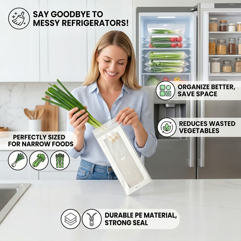 🥬 50/100 st återanvändbara långa matförvaringspåsar, färskhetspåsar med dubbel dragkedja för kök