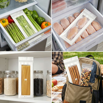 🥬 50/100 st återanvändbara långa matförvaringspåsar, färskhetspåsar med dubbel dragkedja för kök