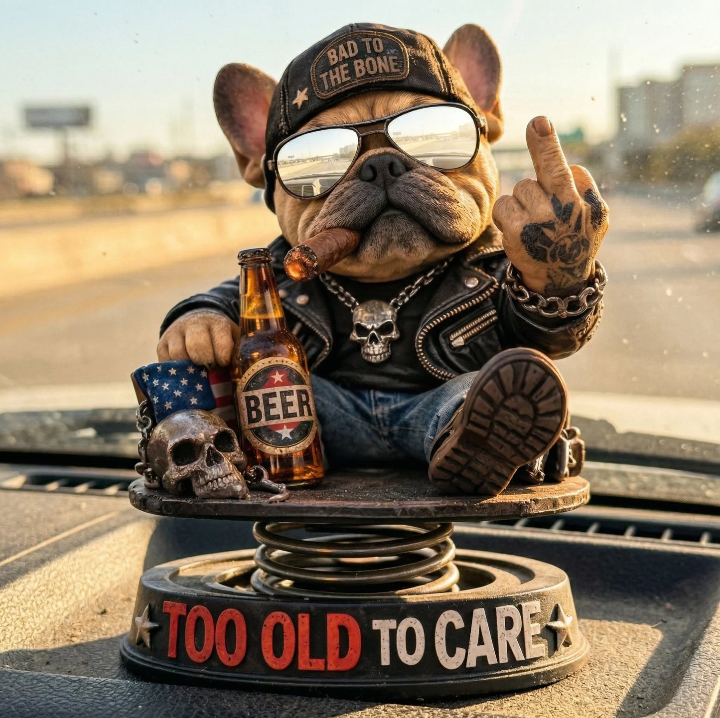 "Gammal och obekymrad" Hardcore Fransk Bulldogg Instrumentpanel Bobblehead 😎 - Rebellisk Fransk Bulldogg Bilprydnad