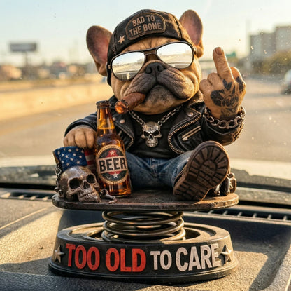 "Gammal och obekymrad" Hardcore Fransk Bulldogg Instrumentpanel Bobblehead 😎 - Rebellisk Fransk Bulldogg Bilprydnad