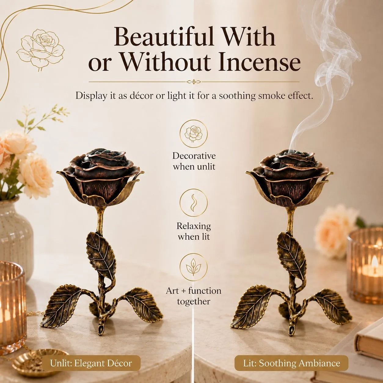 🌹💕 Rökelsekar i vintagestil med rosor – En omtänksam present för meditations- och avslappningsälskare ✨🕯️