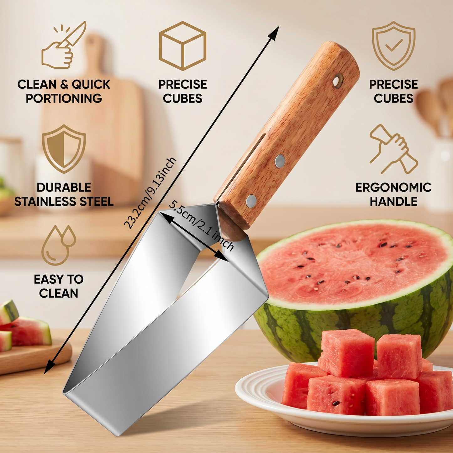 Stainless Steel Watermelon Slicer with Wooden Handle – Clean & Quick Portioning