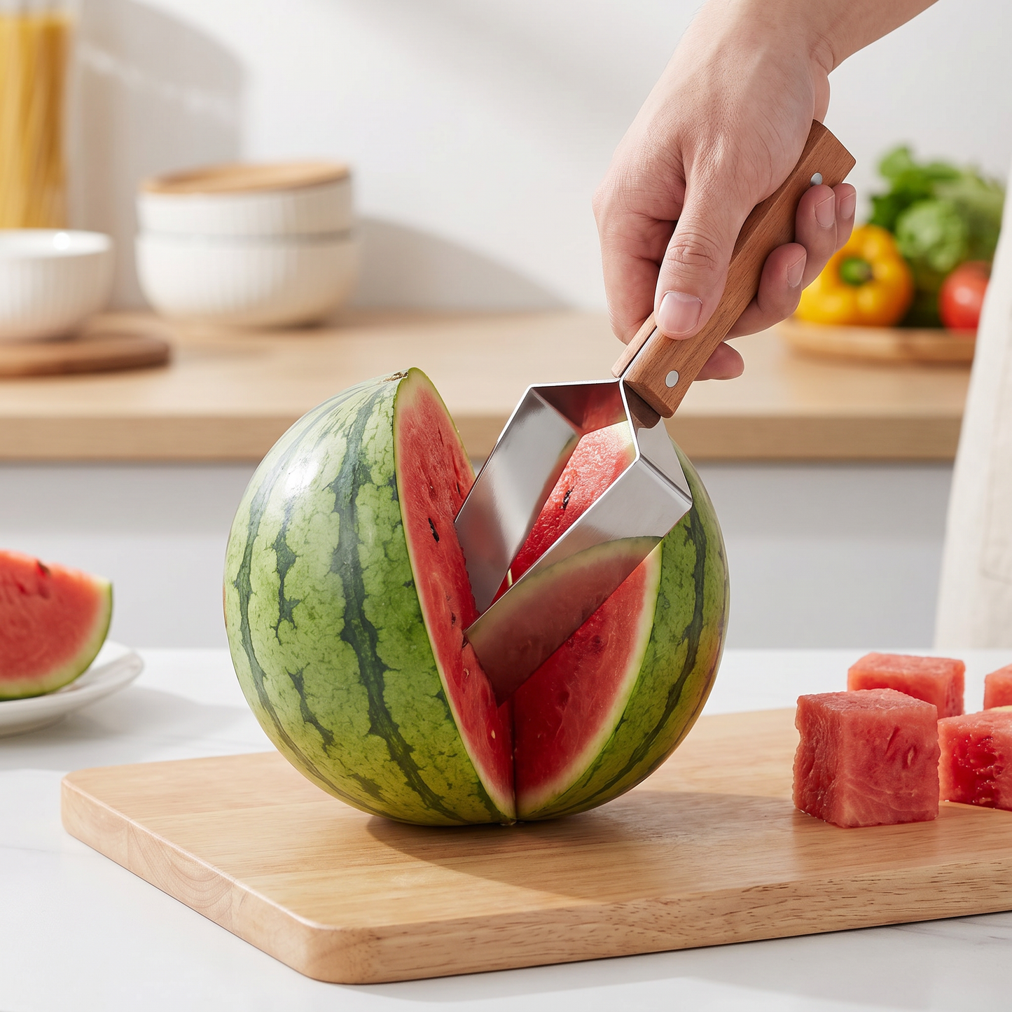 Stainless Steel Watermelon Slicer with Wooden Handle – Clean & Quick Portioning