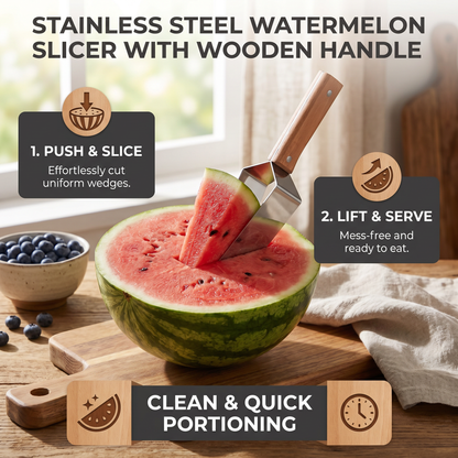 Stainless Steel Watermelon Slicer with Wooden Handle – Clean & Quick Portioning