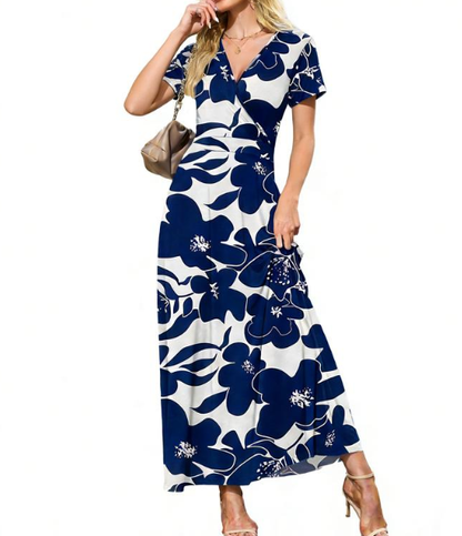 👗2026 Sommarrea 49% RABATT🌈 Dam V-ringad ankellång blommig strandklänning med fickor🎀
