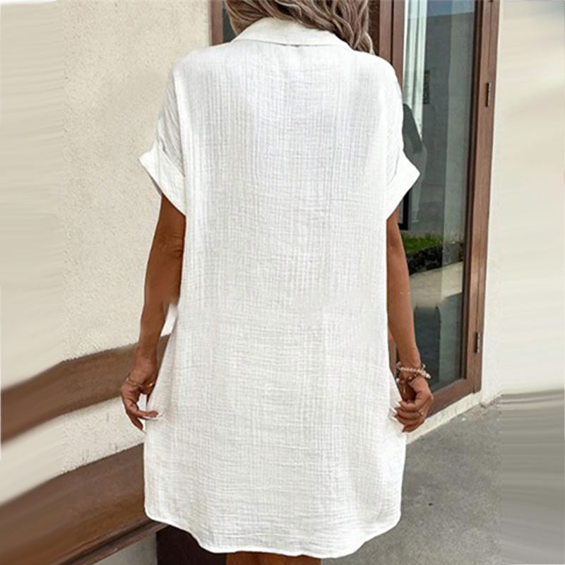 👗 50% RABATT! ✨ Knäppt Kortärmad Skjortklänning med Ficka för Kvinnor – Avslappnad Passform, Lätt Tyg & Perfekt för Sommar ☀️