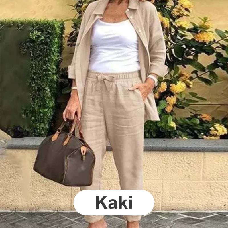 🔥Köp 2, fri frakt🔥Långärmad skjorta och byxa set för kvinnor i bomull och linne