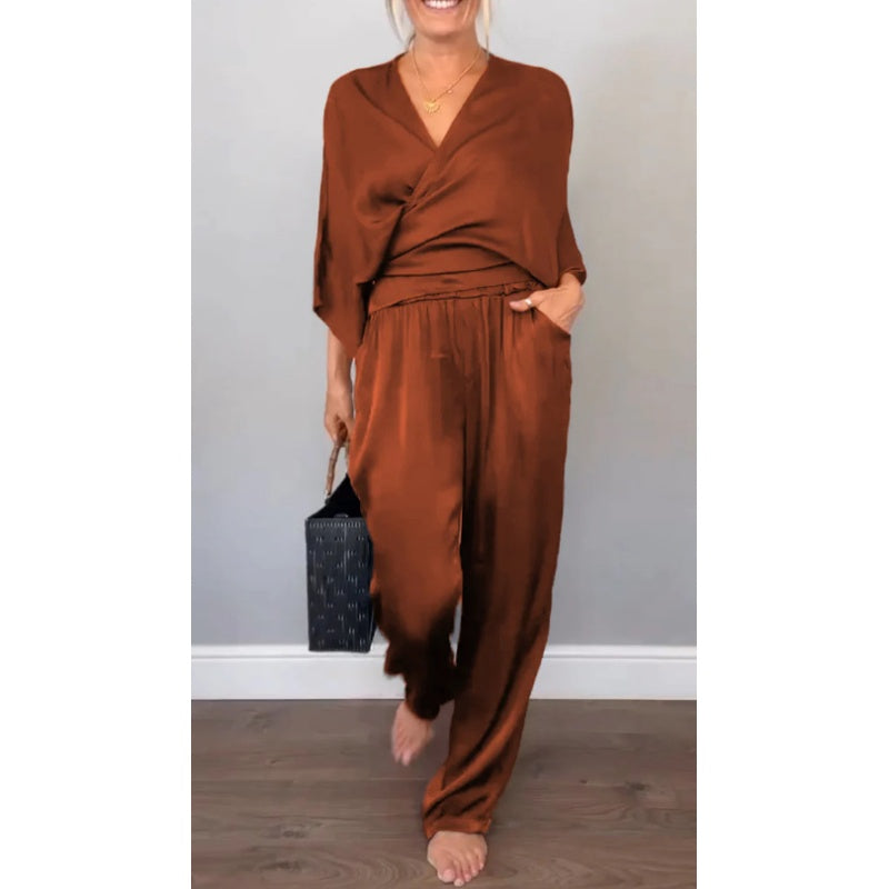 💃2-teiliges Damen-Set aus Oberteil und Hose mit V-Ausschnitt und merzerisierter Baumwolle