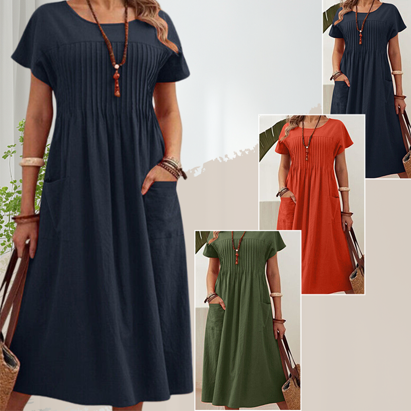 👗 50% RABATT! ✨ Plisserad Klänning för Kvinnor med Korta Ärmar & Fickor – Bomull-Linneblandning, Bekväm & Perfekt för Sommar ☀️