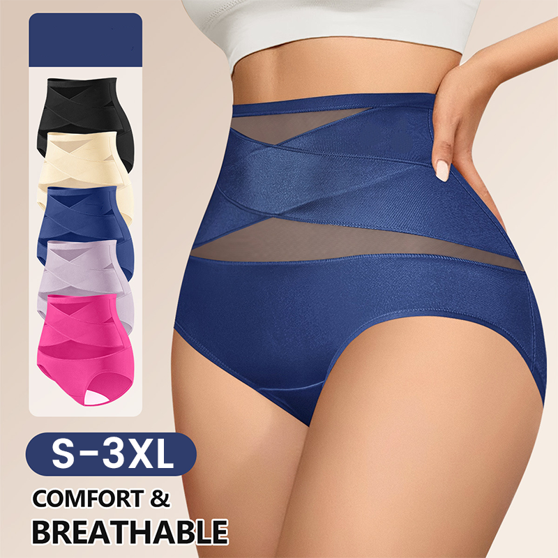 🌸Sista dagen - Köp 1 få 3-pack✨Plus-Size trosor med hög midja och korsade magkontroller