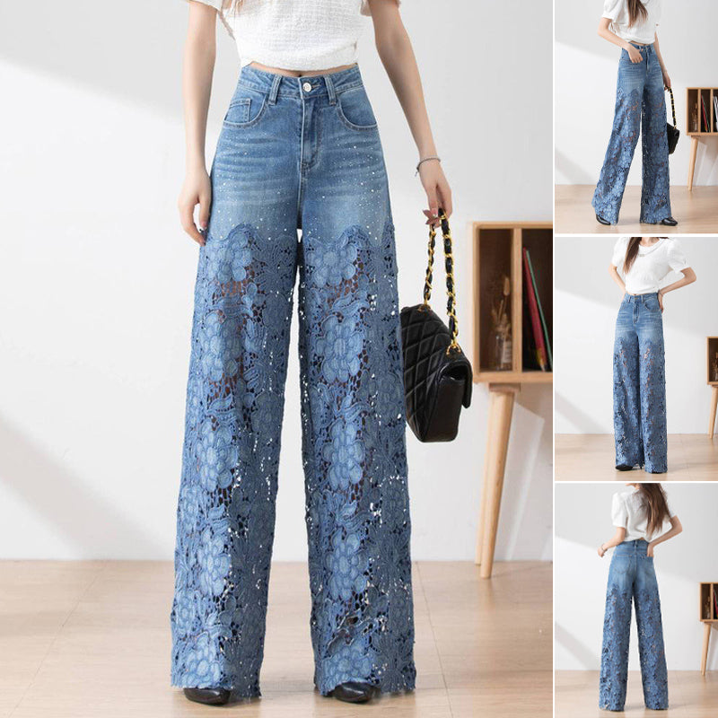 🌸Sommarfynd 49% RABATT🌸Dambyxor med hög midja i blå denim och vida ben med utskurna spetspaneler