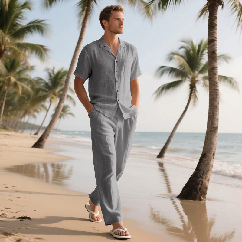 2-delat set med kortärmad skjorta och byxor för män