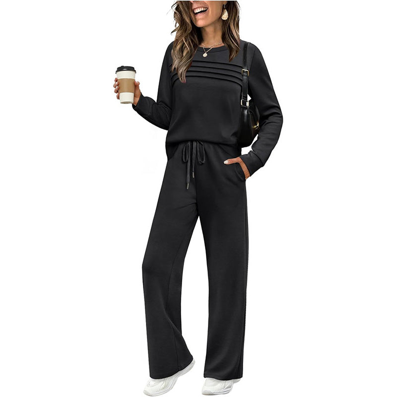 🔥SISTA DAGEN REA 60% RABATT🧡Damernas set med Crew Neck-topp och byxor med dragsko