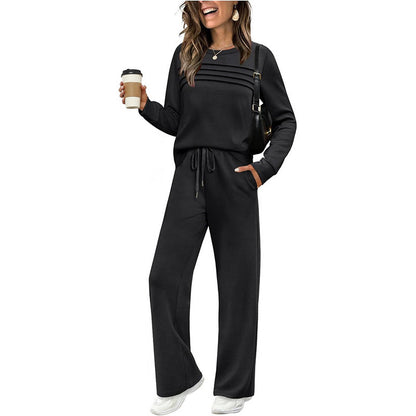 🔥SISTA DAGEN REA 60% RABATT🧡Damernas set med Crew Neck-topp och byxor med dragsko