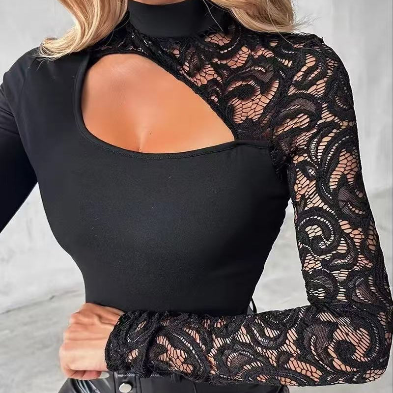 🔈🔈NYHET 60% RABATT🌸Asymmetrisk topp med spetsärmar och utskurna mönster för damer👚