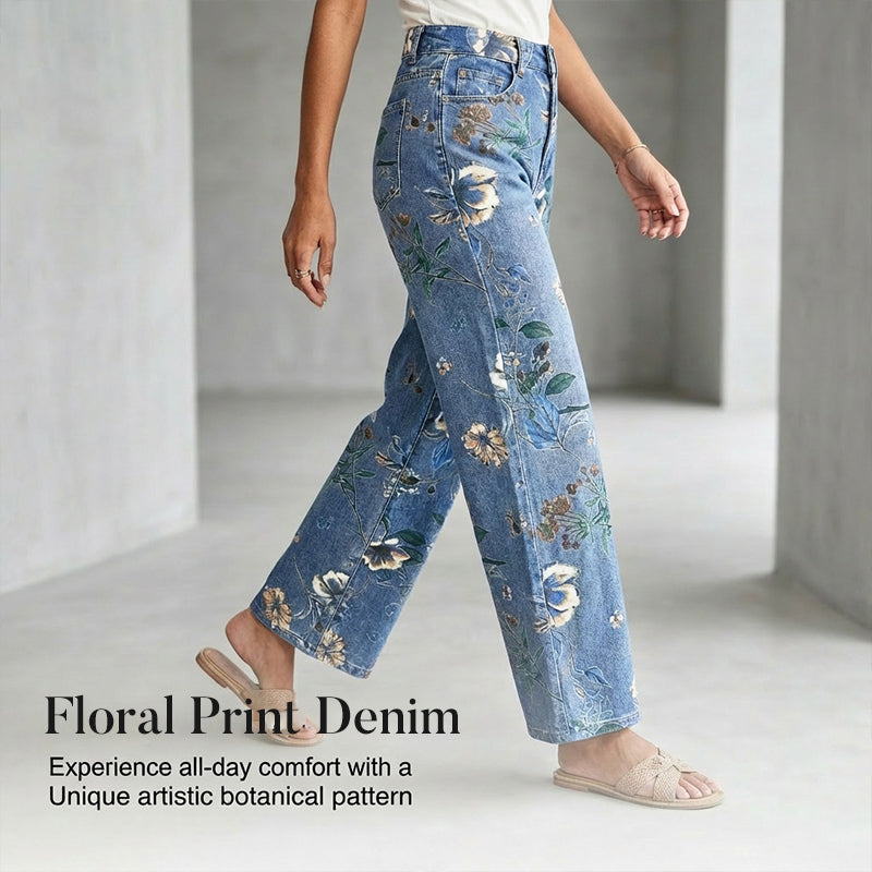 🌸 Raka Jeans med Blommönster för Dam – Trendigt Tryck, Bekväm Passform & Perfekt För En Färgstark Look 💙