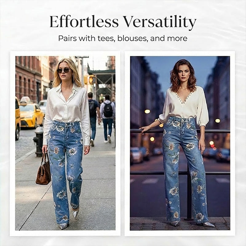 🌸 Raka Jeans med Blommönster för Dam – Trendigt Tryck, Bekväm Passform & Perfekt För En Färgstark Look 💙