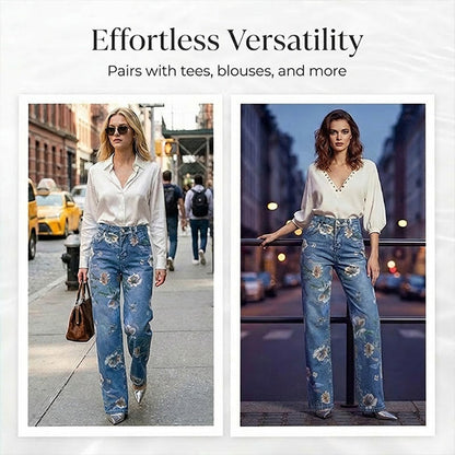 🌸 Raka Jeans med Blommönster för Dam – Trendigt Tryck, Bekväm Passform & Perfekt För En Färgstark Look 💙