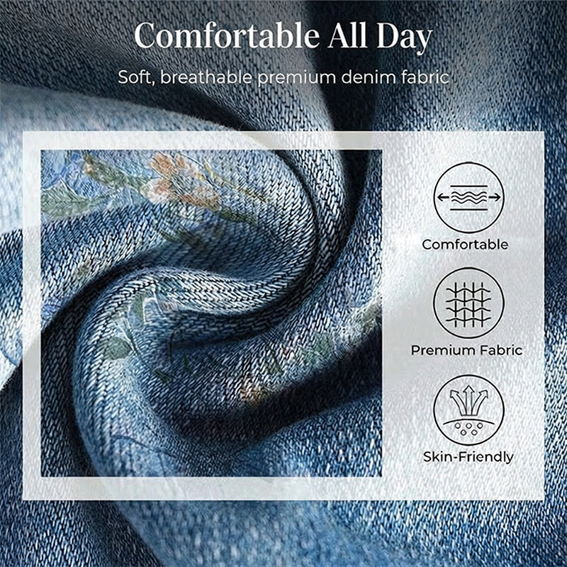 🌸 Raka Jeans med Blommönster för Dam – Trendigt Tryck, Bekväm Passform & Perfekt För En Färgstark Look 💙