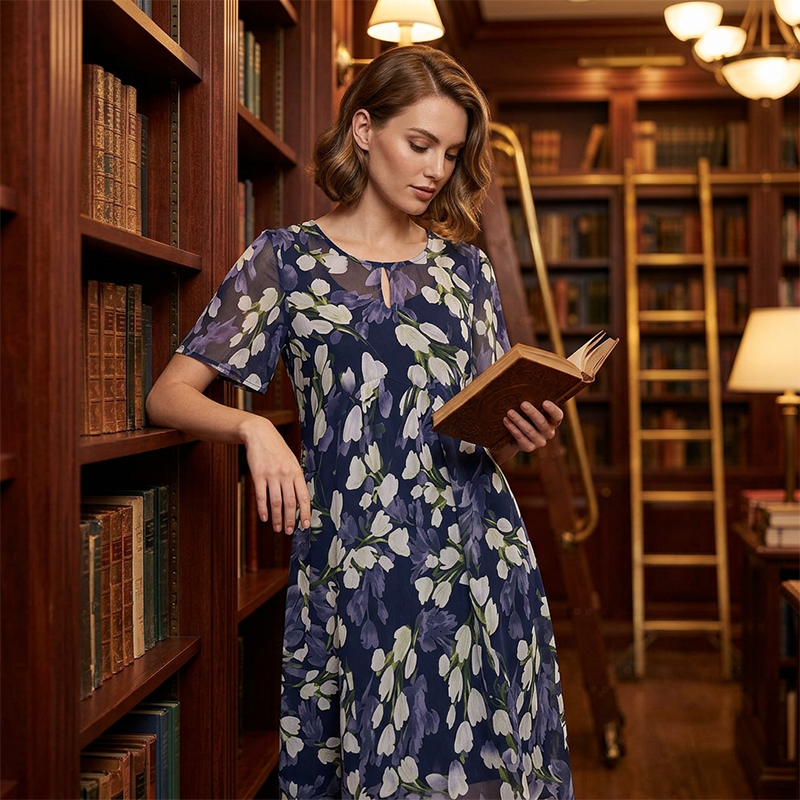 👗 50% RABATT 🌸 | Kortärmad A-linje Festklänning – Blommönster & Dubbel Chiffong