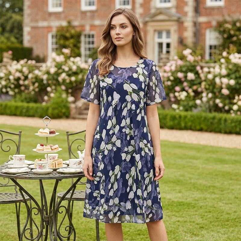 👗 50% RABATT 🌸 | Kortärmad A-linje Festklänning – Blommönster & Dubbel Chiffong
