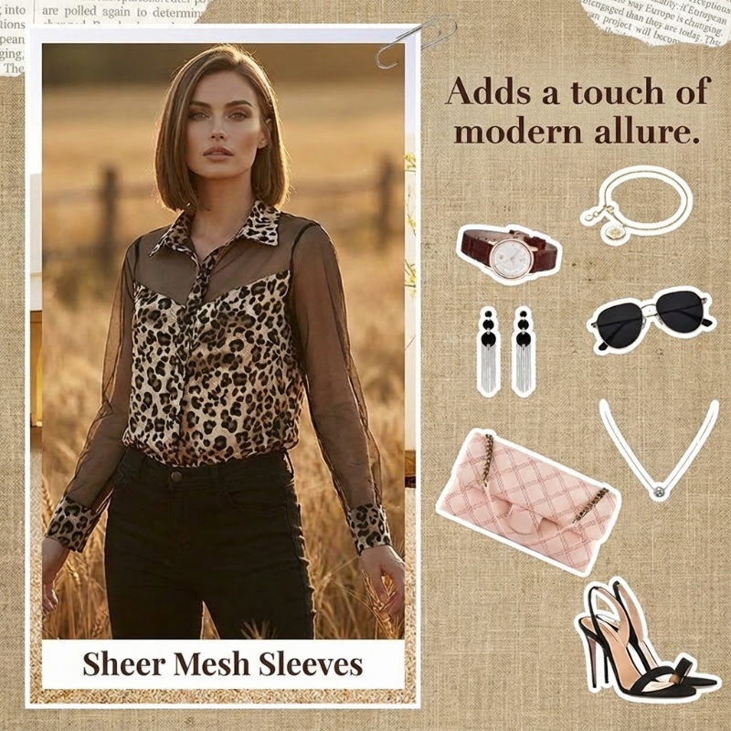 👚 50% RABATT! 🐆 Damblus med Leopardmönster & Kontrasterande Nät – Lång Ärm, Figursydd & Perfekt för Kontor till Kväll ✨