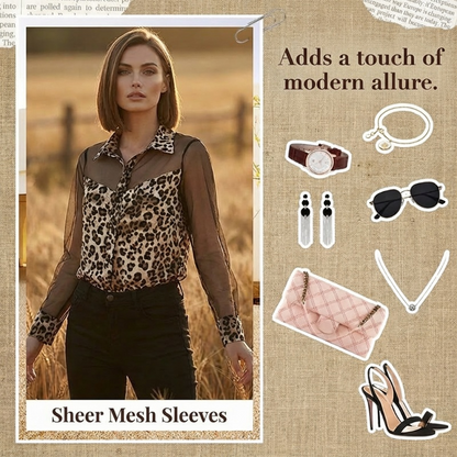 👚 50% RABATT! 🐆 Damblus med Leopardmönster & Kontrasterande Nät – Lång Ärm, Figursydd & Perfekt för Kontor till Kväll ✨