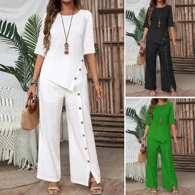Asymmetriskt tvådelat set 👗: Asymmetrisk topp + byxa med enkelknäppt knappslå — Löst och andningsbart 🛍️