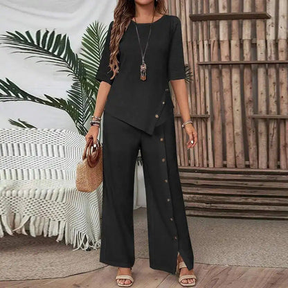 Asymmetriskt tvådelat set 👗: Asymmetrisk topp + byxa med enkelknäppt knappslå — Löst och andningsbart 🛍️