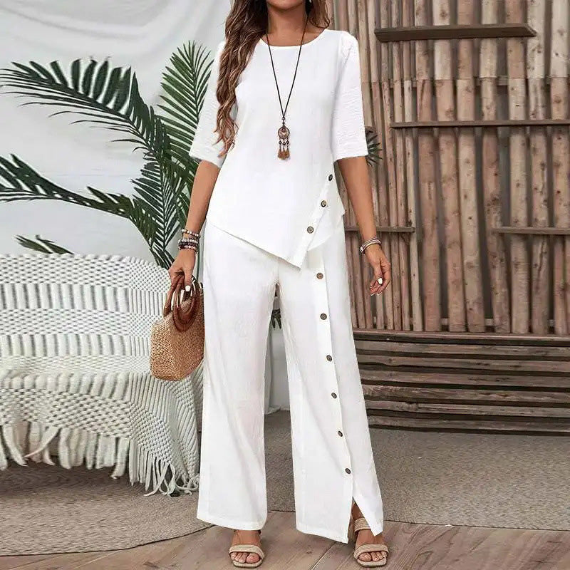 Asymmetriskt tvådelat set 👗: Asymmetrisk topp + byxa med enkelknäppt knappslå — Löst och andningsbart 🛍️