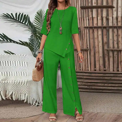 Asymmetriskt tvådelat set 👗: Asymmetrisk topp + byxa med enkelknäppt knappslå — Löst och andningsbart 🛍️