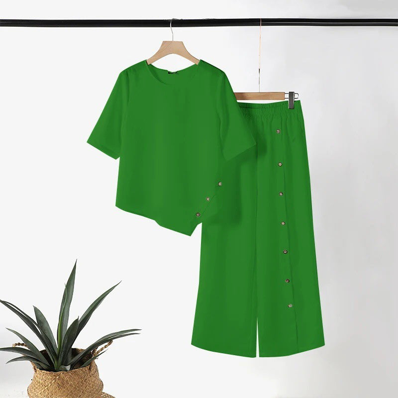 Asymmetriskt tvådelat set 👗: Asymmetrisk topp + byxa med enkelknäppt knappslå — Löst och andningsbart 🛍️