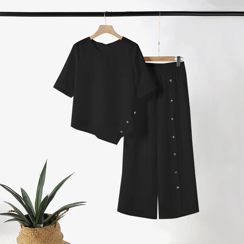 Asymmetriskt tvådelat set 👗: Asymmetrisk topp + byxa med enkelknäppt knappslå — Löst och andningsbart 🛍️