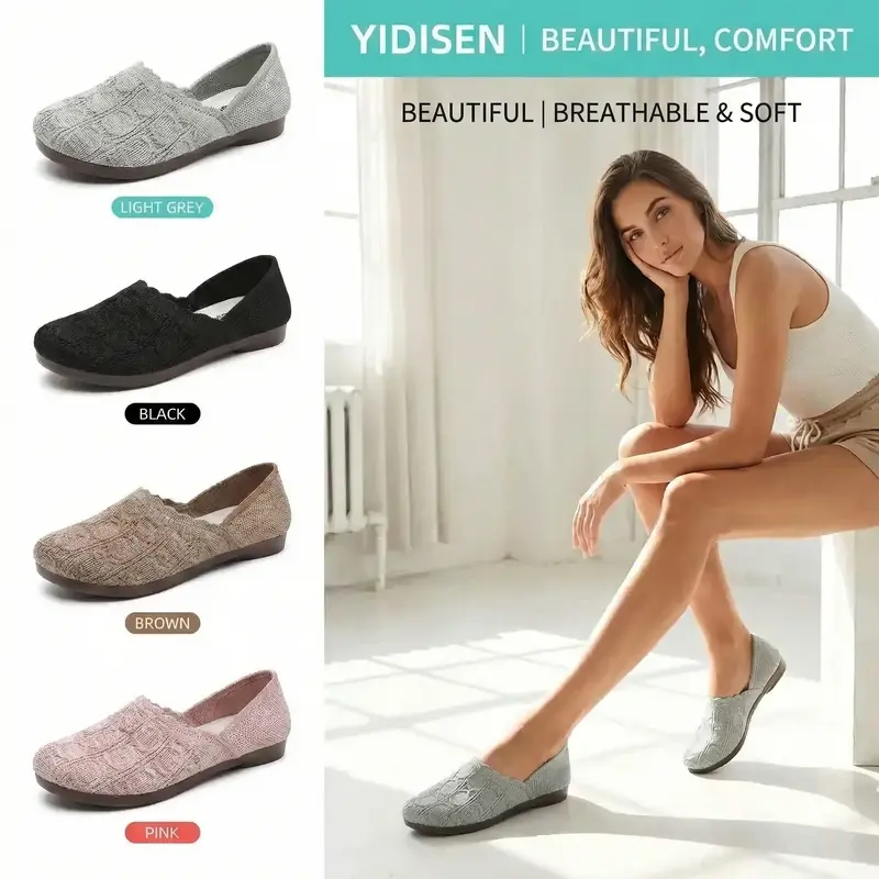 👡 50% RABATT NU! 🌿 Kvinnors Andningsbara Vävda Slip-On Flats – Andningsbar Stickad Ovandel, Flexibel Halksäker Sula & Dämpad Innermak – Heldagskomfort ✨