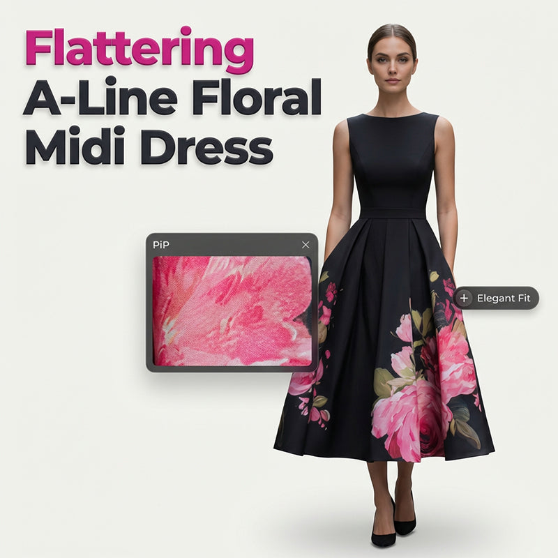 Elegant, ärmlös A-linjeformad midiklänning med blommönster