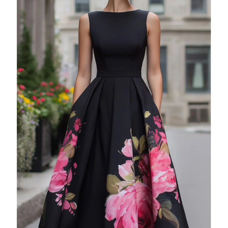 Elegant, ärmlös A-linjeformad midiklänning med blommönster
