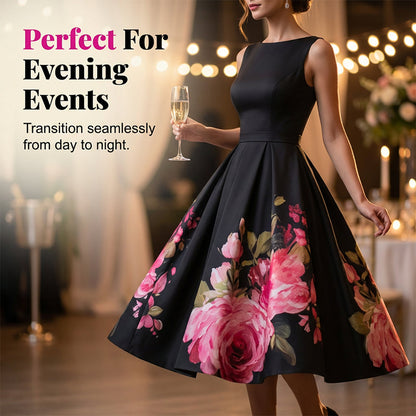 Elegant, ärmlös A-linjeformad midiklänning med blommönster