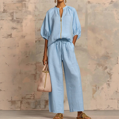 👚 50% RABATT NU! 💃 Damernas Enfärgad 2-Delars Casual Tracksuit Set – Puffärmar & Vida Byxor ✨
