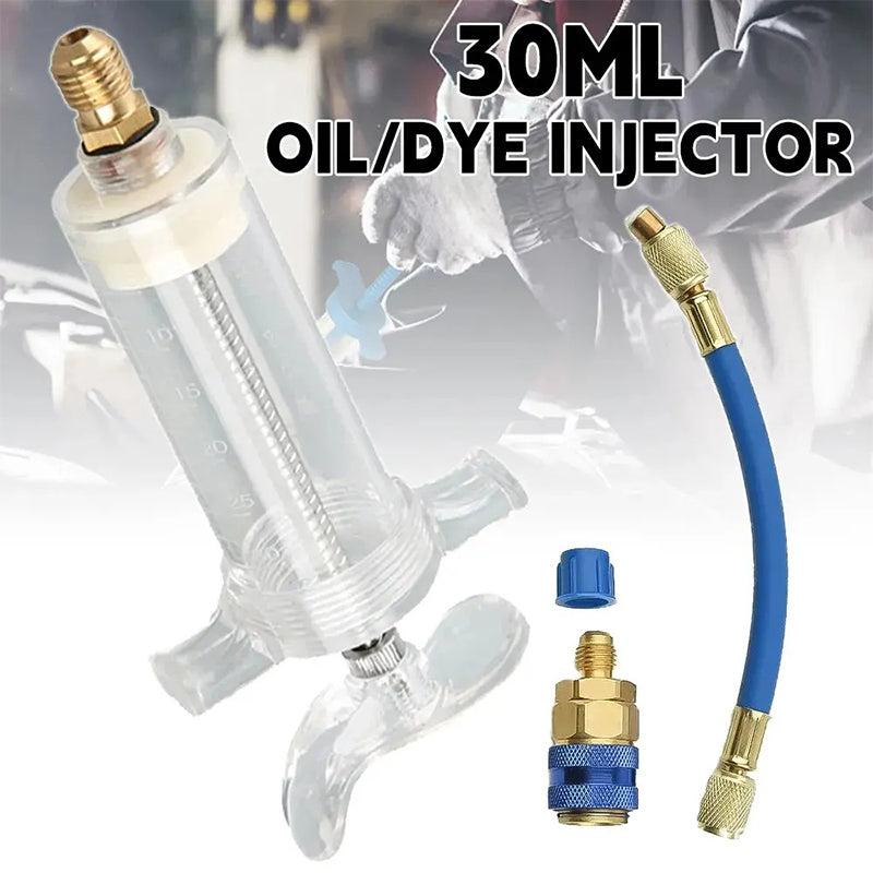 📢📢40% RABATT!! ⏰Färg- och oljeinjektor för luftkonditionering – Premium högresistent mässing, 2500 PSI-slang, R134a-snabbkoppling, graderad transparent kropp · 230g ✨