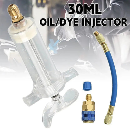 📢📢40% RABATT!! ⏰Färg- och oljeinjektor för luftkonditionering – Premium högresistent mässing, 2500 PSI-slang, R134a-snabbkoppling, graderad transparent kropp · 230g ✨