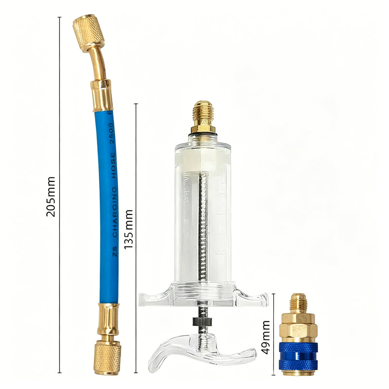 📢📢40% RABATT!! ⏰Färg- och oljeinjektor för luftkonditionering – Premium högresistent mässing, 2500 PSI-slang, R134a-snabbkoppling, graderad transparent kropp · 230g ✨