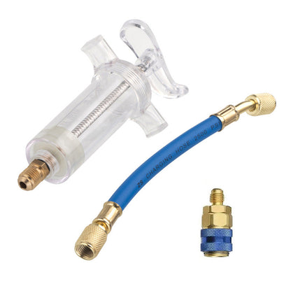 📢📢40% RABATT!! ⏰Färg- och oljeinjektor för luftkonditionering – Premium högresistent mässing, 2500 PSI-slang, R134a-snabbkoppling, graderad transparent kropp · 230g ✨
