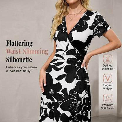 👗2026 Sommarrea 49% RABATT🌈 Dam V-ringad ankellång blommig strandklänning med fickor🎀