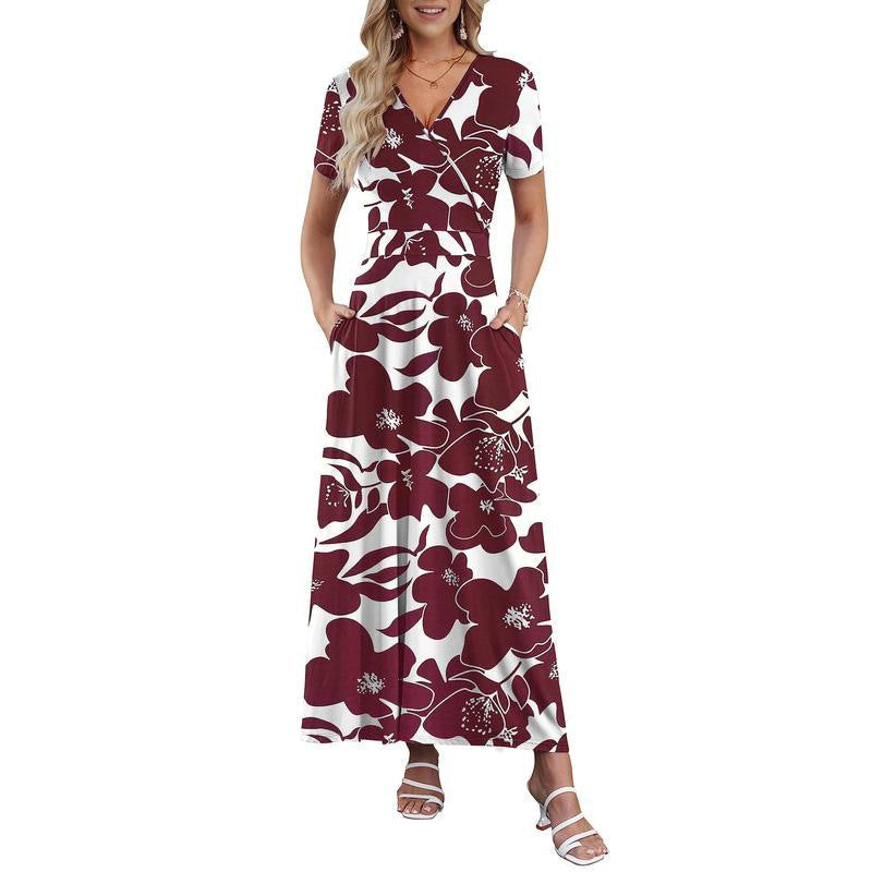 👗2026 Sommarrea 49% RABATT🌈 Dam V-ringad ankellång blommig strandklänning med fickor🎀