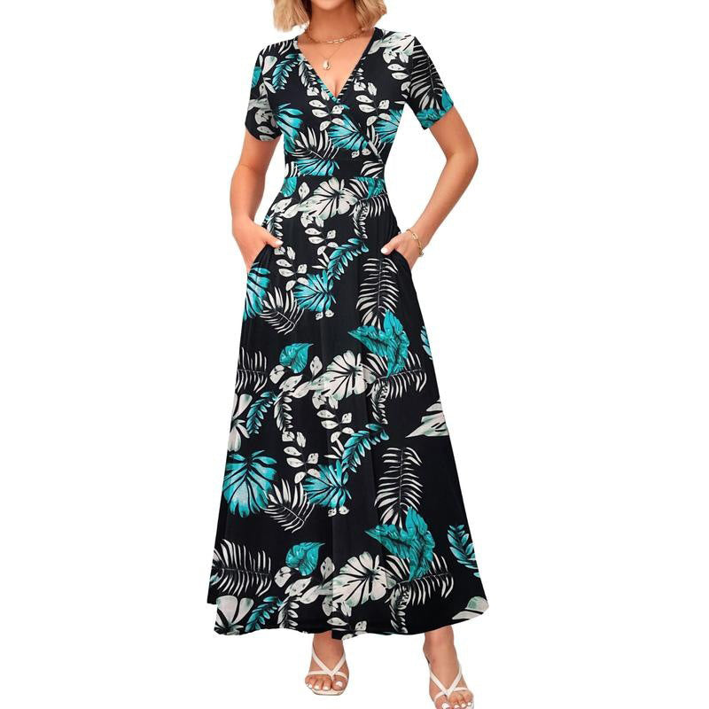 👗2026 Sommarrea 49% RABATT🌈 Dam V-ringad ankellång blommig strandklänning med fickor🎀