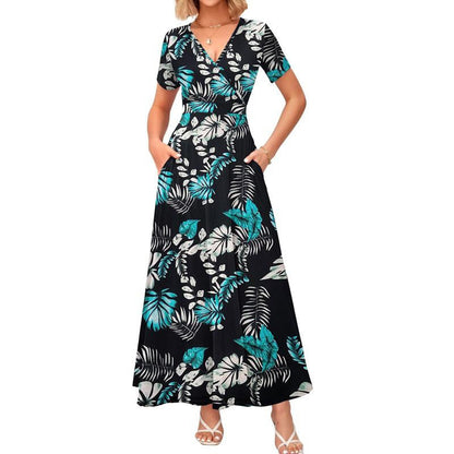 👗2026 Sommarrea 49% RABATT🌈 Dam V-ringad ankellång blommig strandklänning med fickor🎀