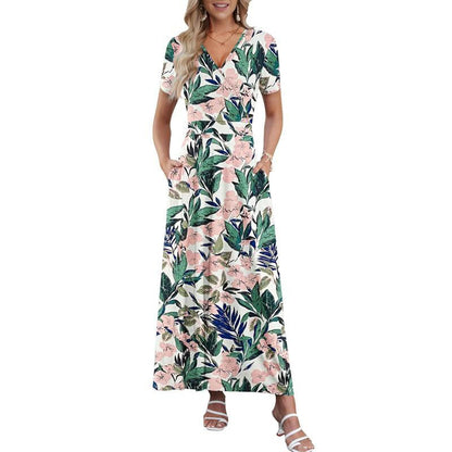 👗2026 Sommarrea 49% RABATT🌈 Dam V-ringad ankellång blommig strandklänning med fickor🎀