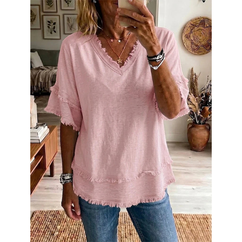 💖Dam Boho V-ringad T-shirt med fransade kanter 🌿 – Lös passform, andningsbar sommartopp i mjuk bomull👚